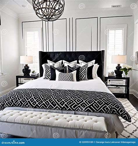 Luxurious Black-and-White Themed Bedroom with Modern Elegance Stock ...