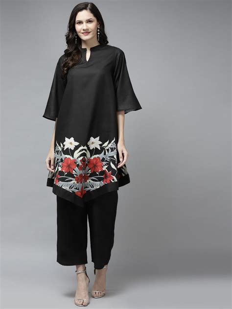 Shop Black Floral Printed Kurta With Palazzos Online