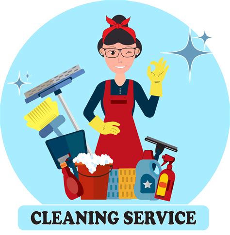 Cleaning service. Logo. Girl in bandana and glasses with cleaning supplies. Vector illustration ...