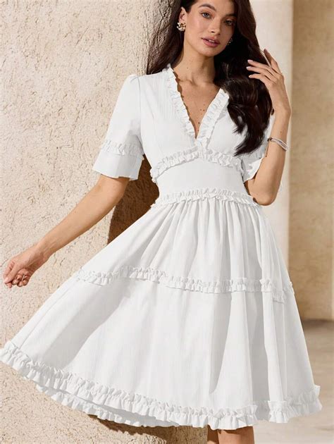 Aveloria Rosie V-Neck Ruffle Trim A-Line Mini Dress, Short Sleeve, Rose ...