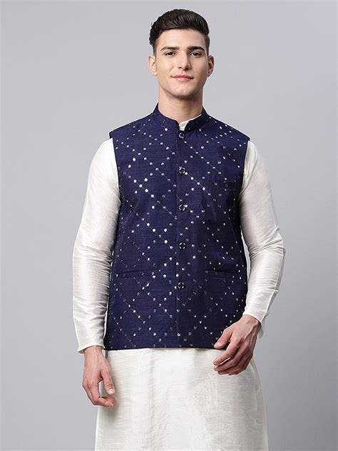 Men's Navy Mirror Work Embroidered Waistcoat – Jompers