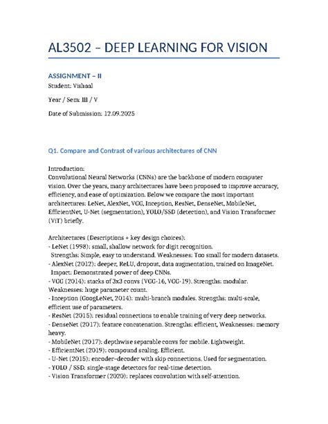 AL3502 Deep Learning for Vision Assignment II Answers - Studocu