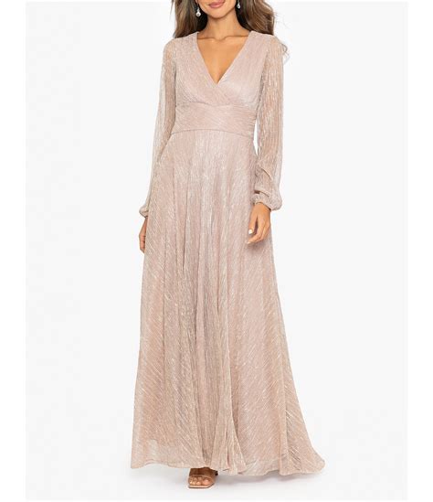 Betsy & Adam Metallic Long Sleeve V-Neck Gown | Dillard's