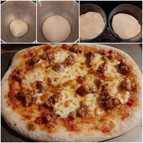 Sourdough crust, homemade sauce, homemade chicken sausage. Cooked on a sheet pan for minimum ...