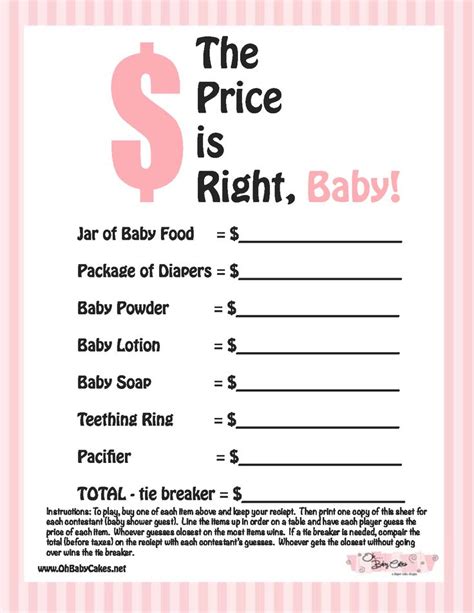 baby shower the price is right printable