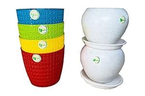 OshiGreens Round Flower pots - Pack of 4 Multicolor Table top Flower ...