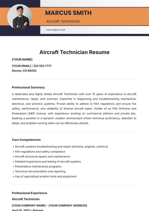 Free Aircraft Technician Resume Template to Edit Online