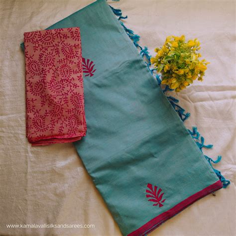 South Cotton Mix Block Printed Saree Copper Sulphate Blue colour with ...