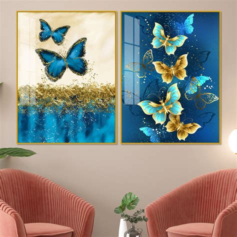 Blue and Golden Butterflies Acrylic Floating Wall Painting Set of 2 ...