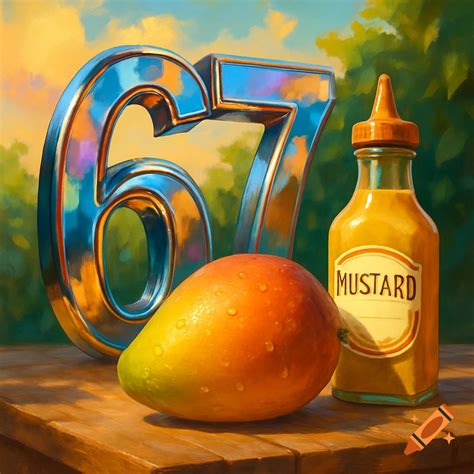 A large metallic number 67, a ripe mango, and a bottle of mustard ...
