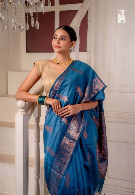 Buy Bondi Blue Tussar Silk Baluchari Saree & get flat 10% OFF