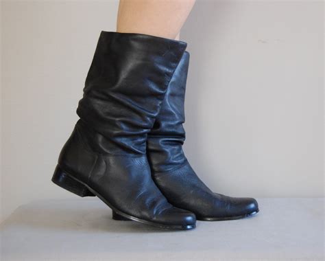 vintage SLOUCHY Black Mid Calf Leather Boots