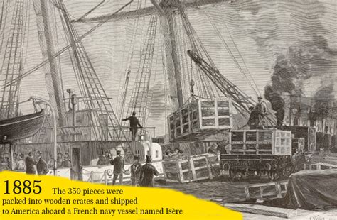In 1885 , the 350 pieces were packed into wooden crates and shipped to ...
