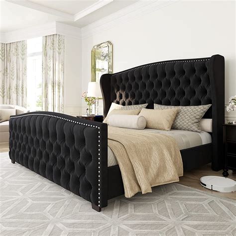 AMERLIFE Queen Velvet Upholstered Platform Bed with Wingback Headboard ...