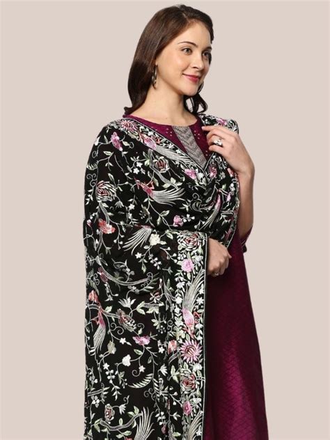 Parsi Gara Thread Work Embroidered Georgette Black & Multicolour Dupat ...