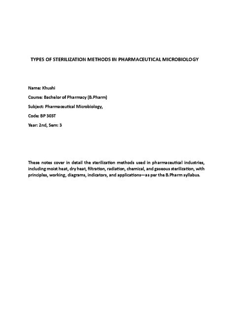 Sterilization Methods in Pharmaceutical Microbiology (BP 303T ...