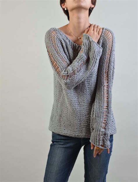 Hand Knit Woman Sweater Eco Cotton sweater in light Grey