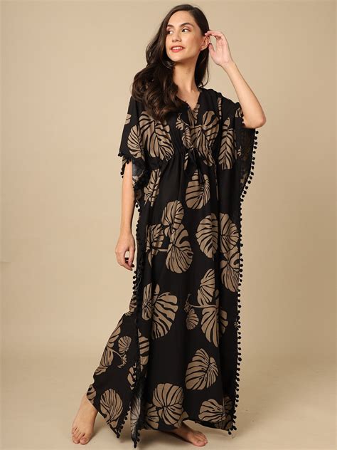 Black Color Floral Printed Viscose Rayon Kaftan
