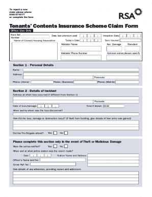 Fillable Online Tenants' Contents Insurance Scheme Claim Form Fax Email ...