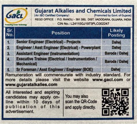 Gacl Gujarat Alkalines and Chemical Limited Dahej Bharuch Gujarat Jobs ...