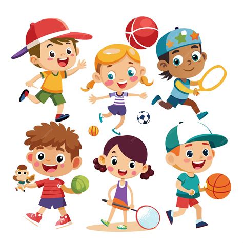 Happy kids playing different sports like tennis football and basketball ...