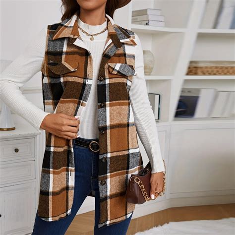 CCRFTGI Flannel Vest Women Plaid Print Vest Tops Casual Lapel ...