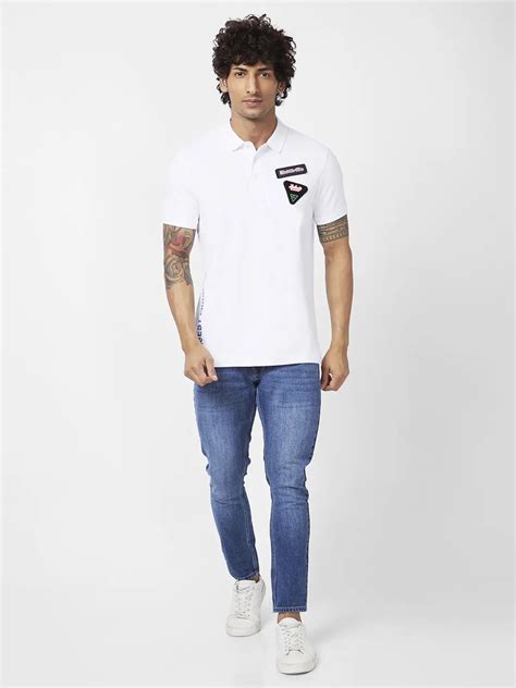 Spykar Men White Cotton Slim Fit Half Sleeve Polo Neck Plain Tshirt