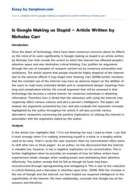 Is Google Making us Stupid - Article Written by Nicholas Carr ...