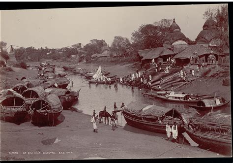 Bengal group Bathing at Kali Ghat Near Boats on River And Ashore ...