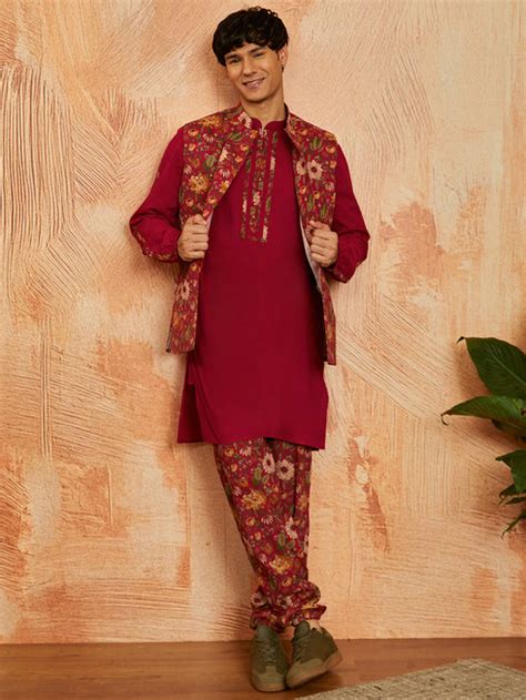 Men's Falsa Cotton Jacket Kurta And Pyjama Set – vastramay