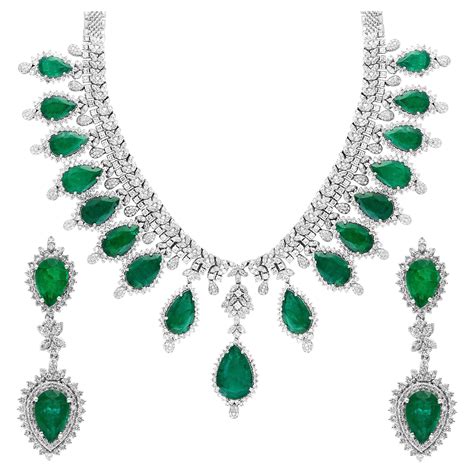 GIA Certified 73ct Zambian Emerald and 22ct Diamond Necklace Earring ...