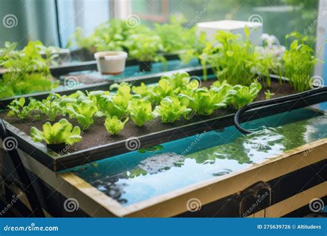 Close-up of Aquaponics and Hydroponics System, with Water Flowing from ...