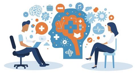 The image illustrates a psychosocial assessment session, where a mental‑health professional and a client are engaged in a conversation. The large head filled with symbols—such as a brain, medical icons, communication bubbles, and gears—represents the different