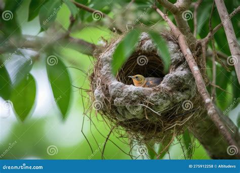Hummingbird Nest with Eggs and Hummingbird Mother Close by Stock ...