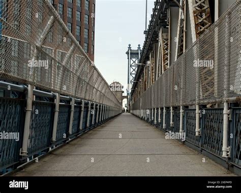 view of manhattan bridge pedestrian walkway (overpass over hudson river ...