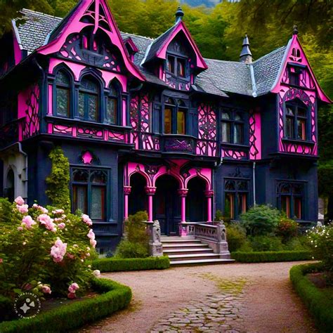 Bold Pink and Black House in a Flower-Filled Garden