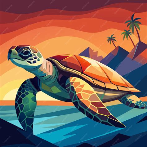 A turtle is on the beach and is in the background with palm trees ...