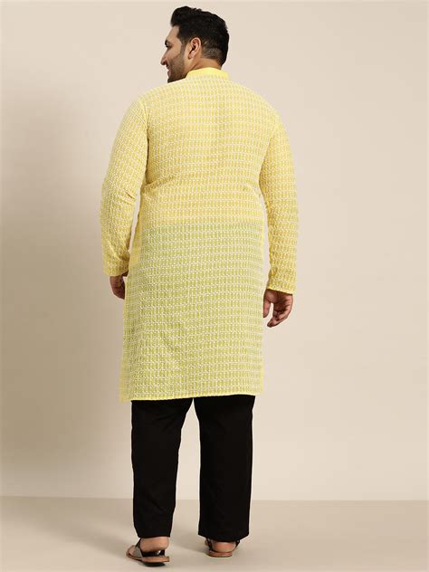 Men's Pure Cotton Yellow Kurta with White Embroidery – Sojanya