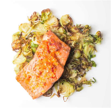 gluten-free roasted salmon recipe with maple syrup and brussel sprouts