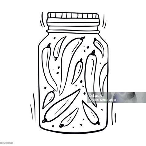 Jar Of Jalapeno Peppers In Doodle Style Cooking With Vegetables Vector ...