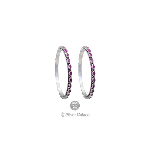 925 Oxidised Silver Traditional Bangle With Pink Stone For Womens ...