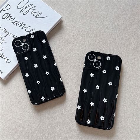 White Floral Flowers on Black Textured Soft Silicone iPhone Case – ATCASA