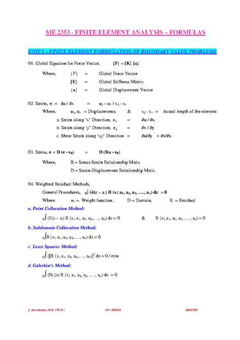 Finite element analysis formulas - ME 2353 - FINITE ELEMENT ANALYSIS ...