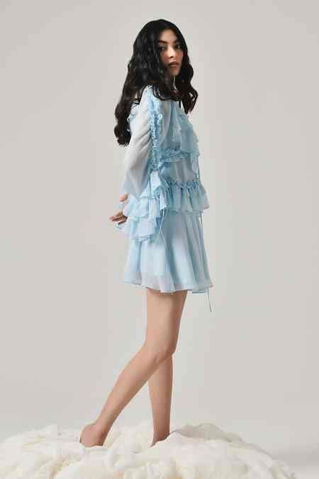 Buy Blue Georgette Solid V Neck Ruffled Top For Women by TheRealB ...