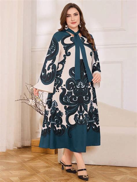 Lacomfia Print Flare Hem Plus Size Elegant Midi Dress | SHEIN USA