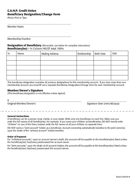 Fillable Online C.A.H.P. Credit Union Beneficiary Designation/Change ...