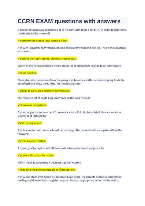 CCRN EXAM questions with answers | Exams Nursing | Docsity
