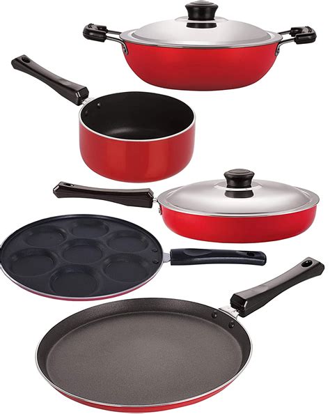 Nirlon Non-Stick Aluminium Cookware Set, 5-Pieces, Red and Black (2.6mm ...