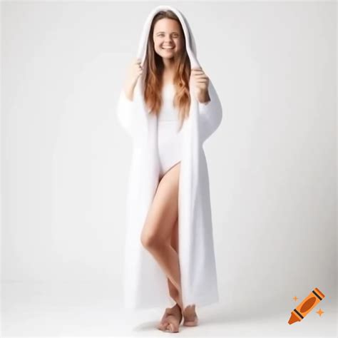 Tall slender woman in white hooded robe and sandals smiling at camera ...