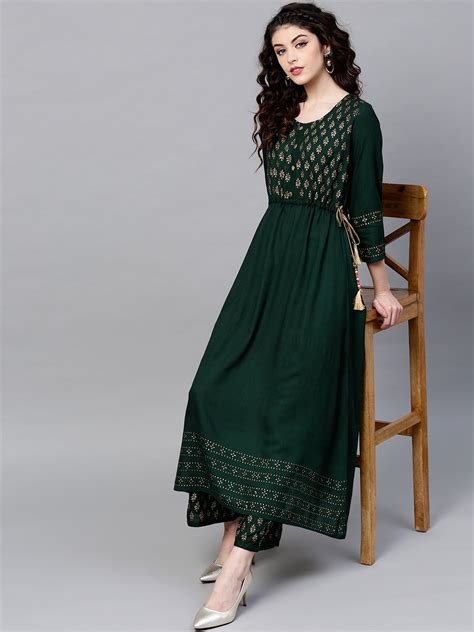 Comfy Green Cotton Printed A-Line Kurta Set with Palazzo Bottom and Si